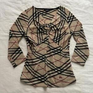 Burberry Nova Check tan plaid Knit twist front babydoll 3/4 sleeve top